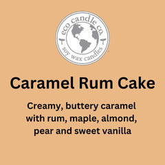 Eco Candle Co caramel-rum-cake scent offers rich dessert-inspired fragrance for warm evenings.