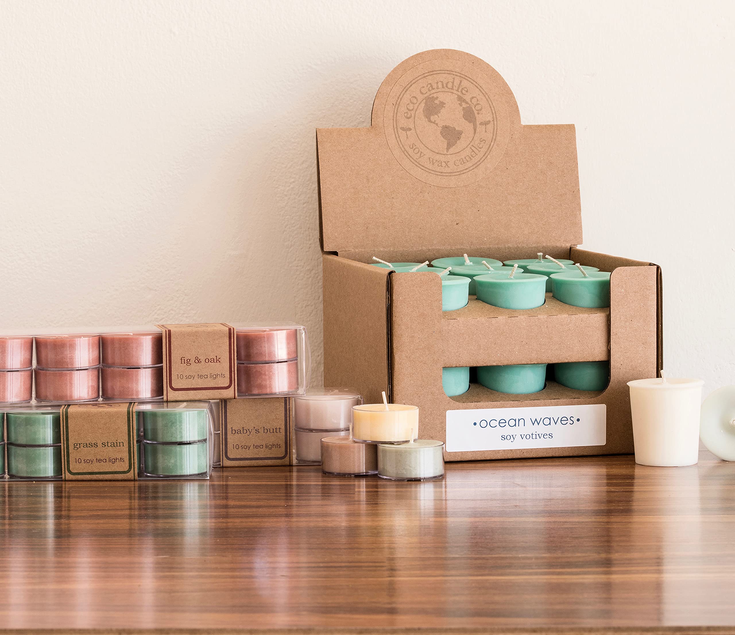 Eco Candle Co recyclable packaging tea light on display