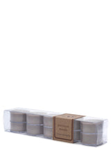 Eco Candle Co. tea light 10-pack with Precious Woods for ambient mood lighting.