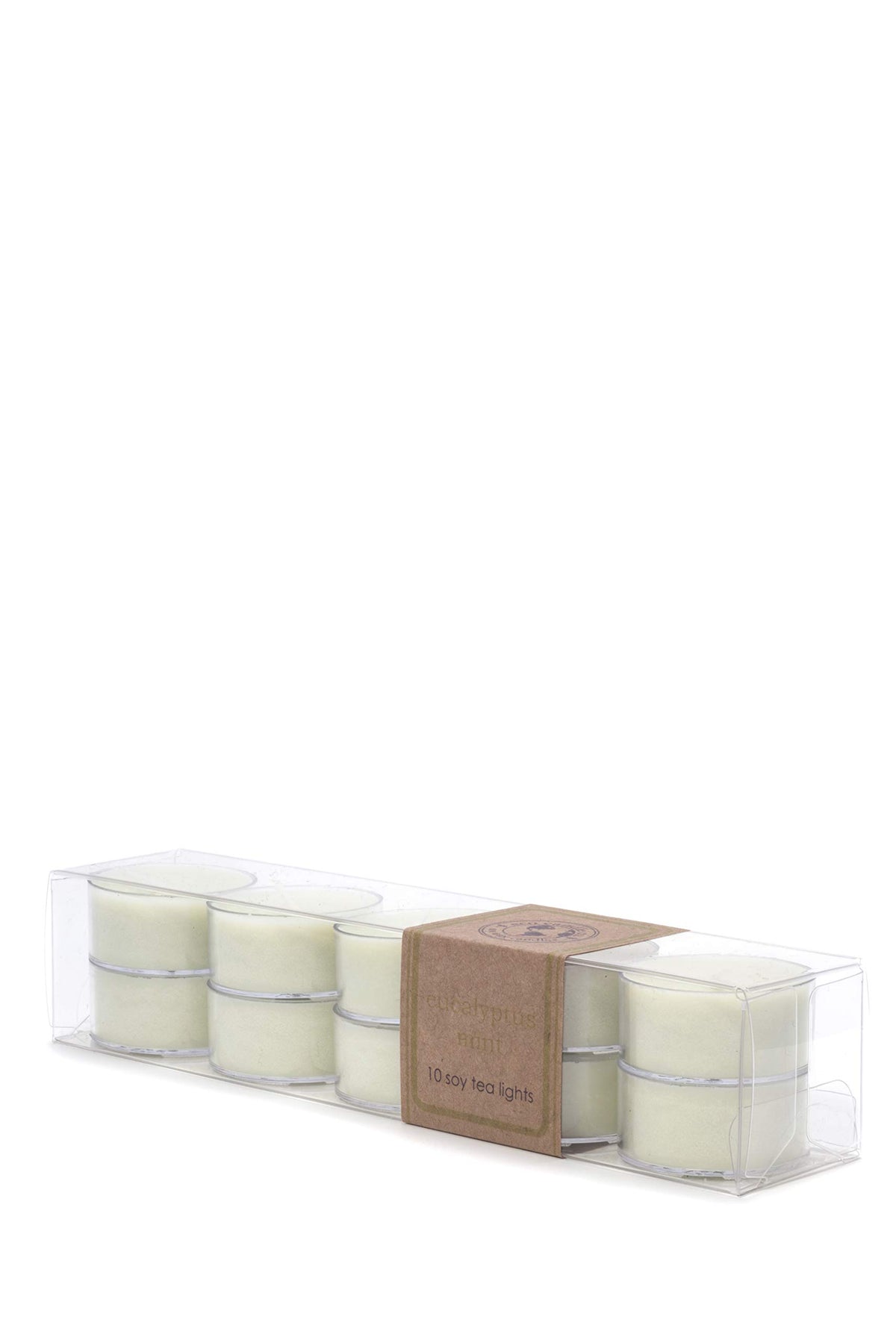 Eco Candle Co. eucalyptus mint tea light pack delivers clean soy burn and fresh ambience.