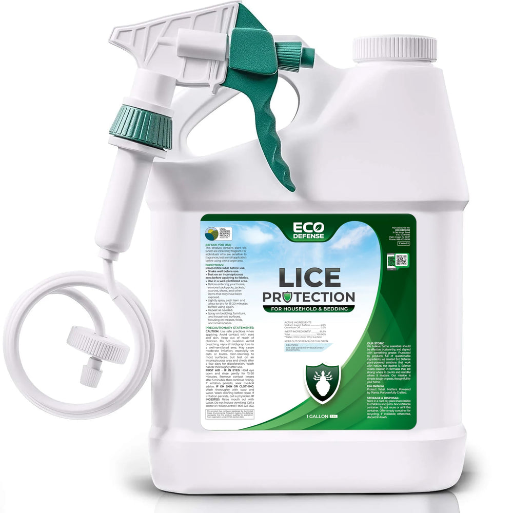 Eco Defense Lice Spray bottle for furniture and bedding provides plant-based protection for fabrics.