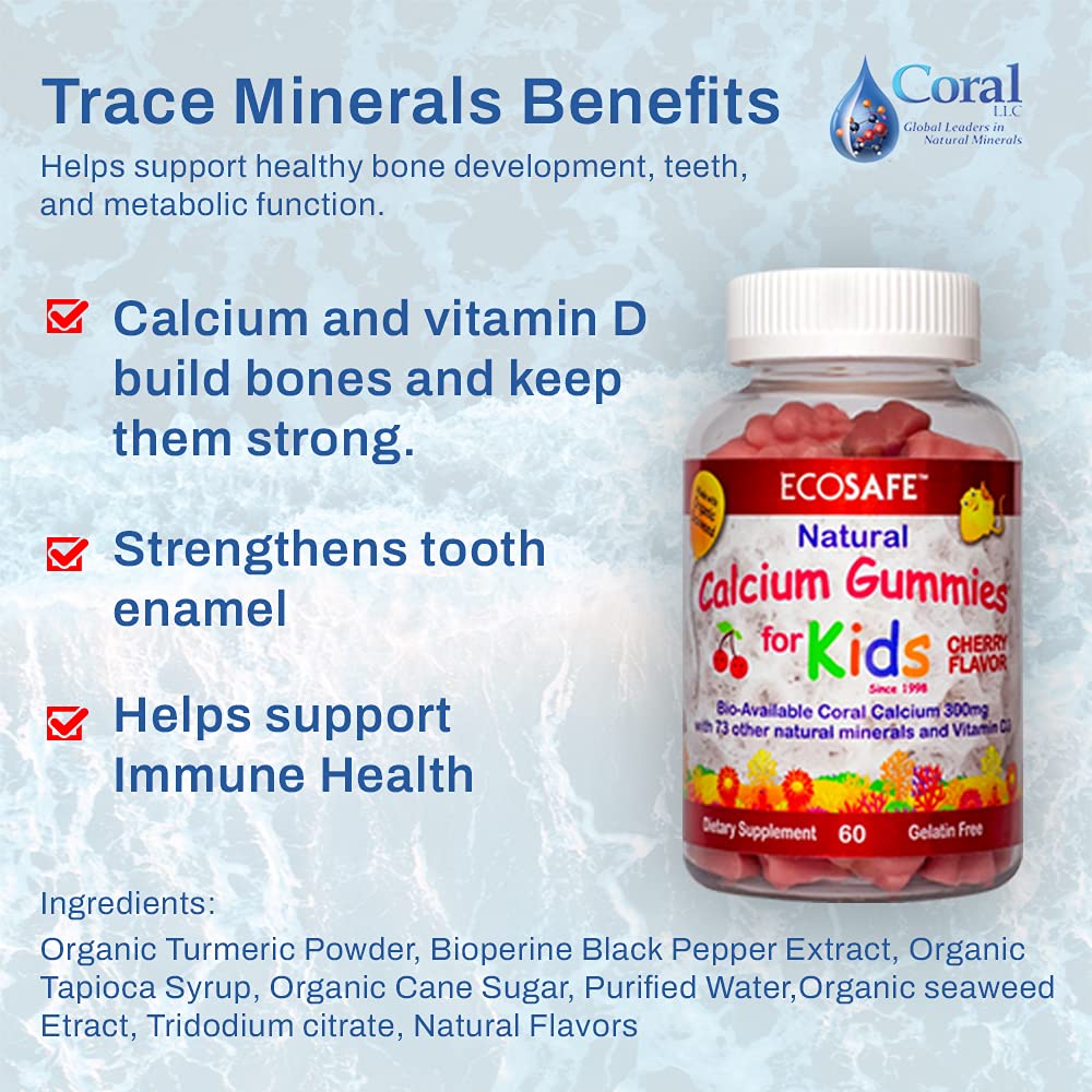 ECO SAFE Coral Calcium D3 Kids Gummies packaging displaying allergen-free labels