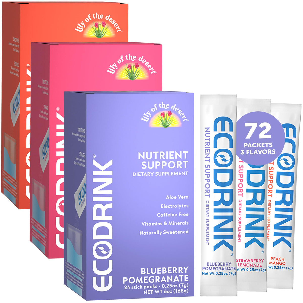 Eco Drink Lily of the Desert Blueberry Pomegranate packets for on the go hydration and daily vitamins