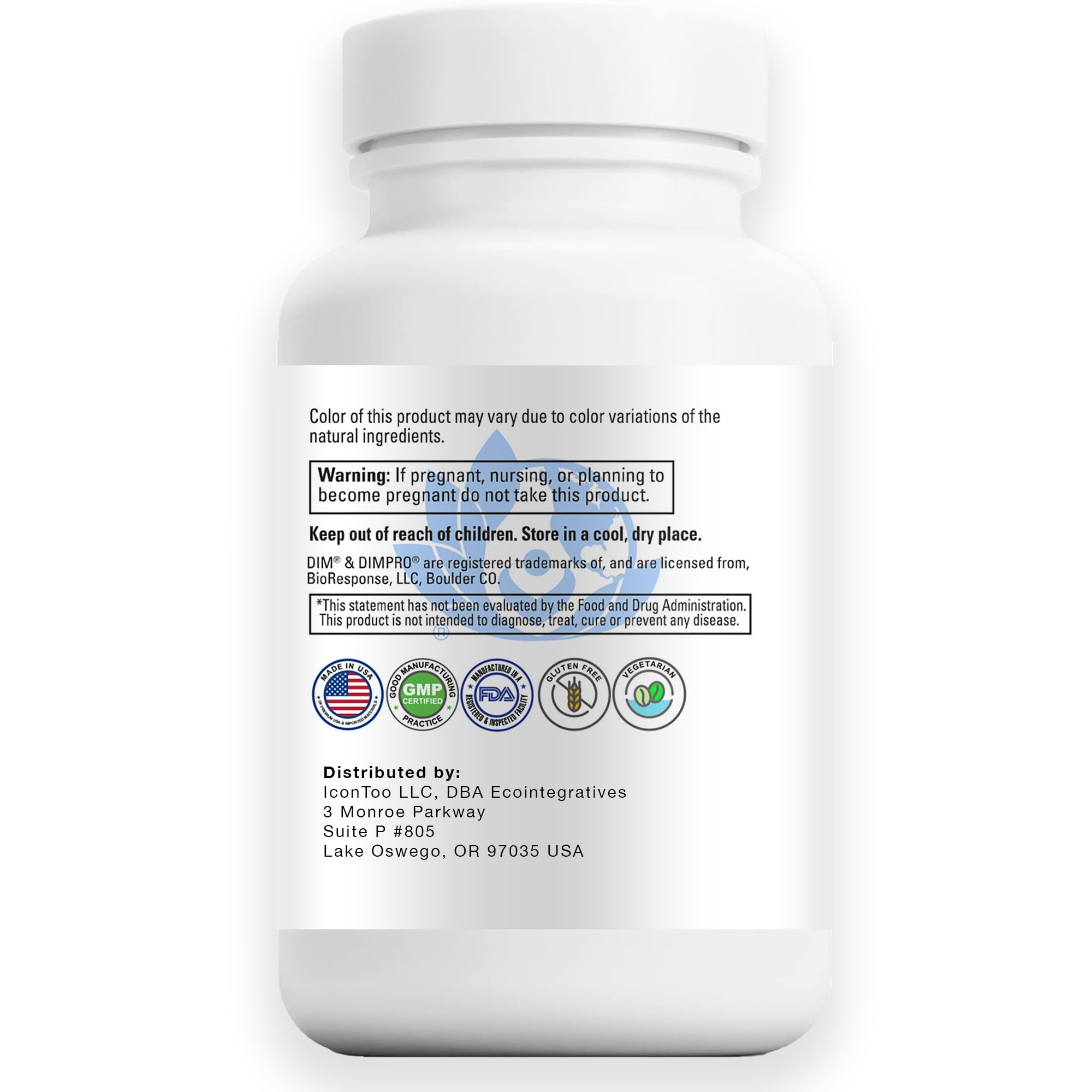 EcoIntegratives Active DIM ingredients panel reveals phosphatidylcholine and vitamin E.