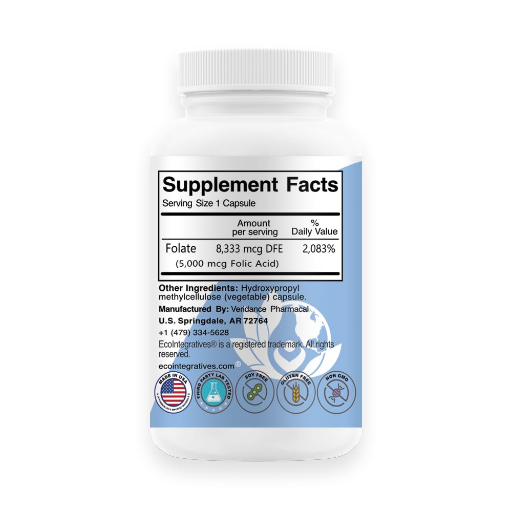 EcoIntegratives Folate label close-up, highlighting 5000 mcg folic acid.