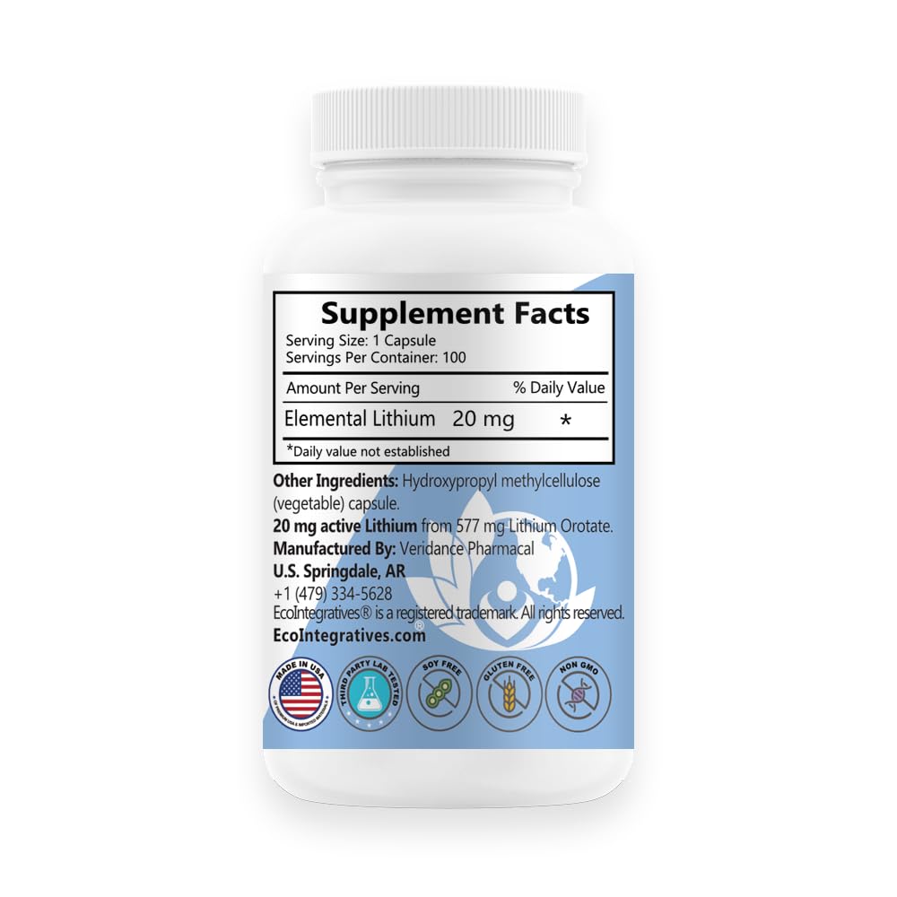 Close-up of EcoIntegratives capsules highlighting the bioavailable lithium orotate formula.