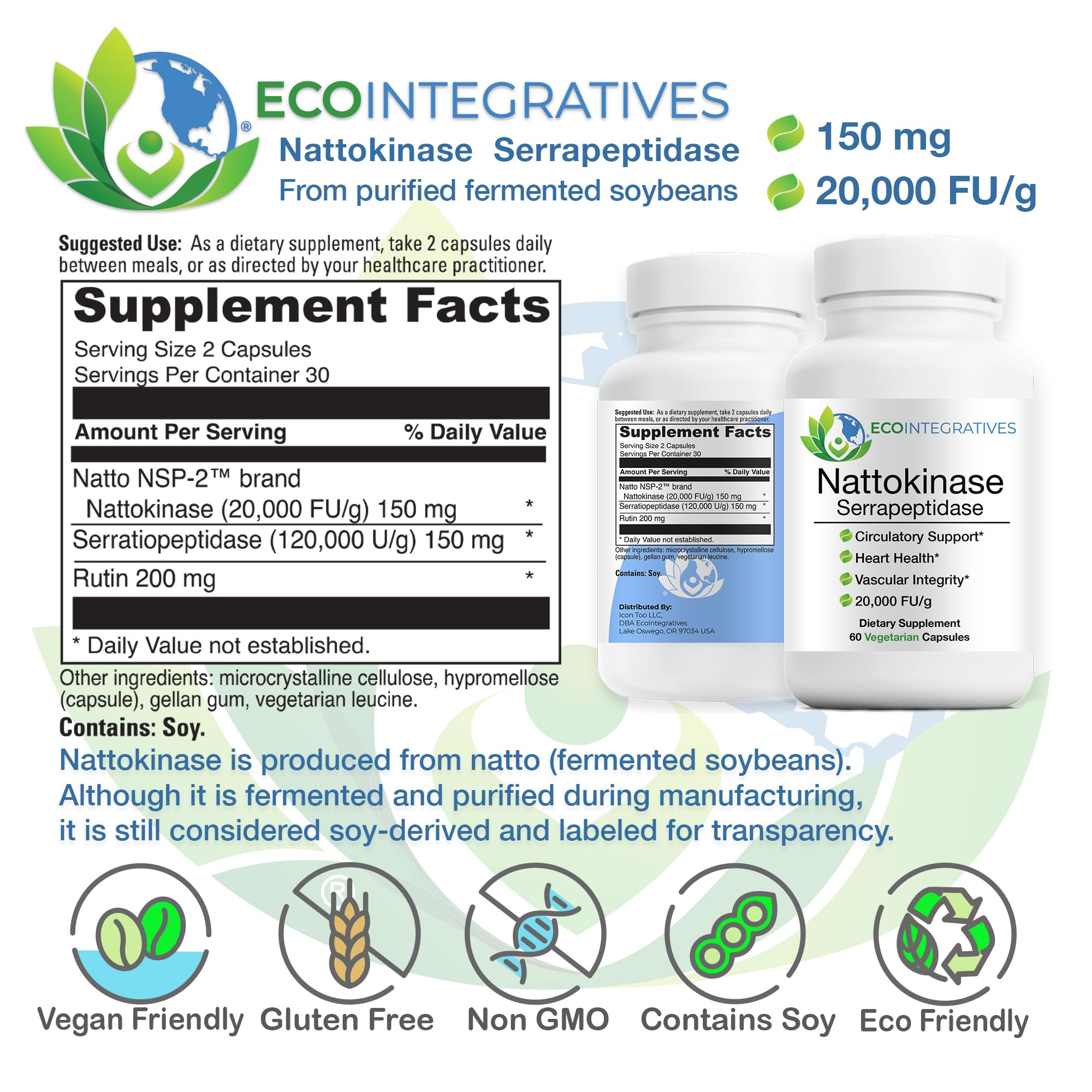 EcoIntegratives nattokinase-serrapeptidase label closeup highlights clean-label formula.