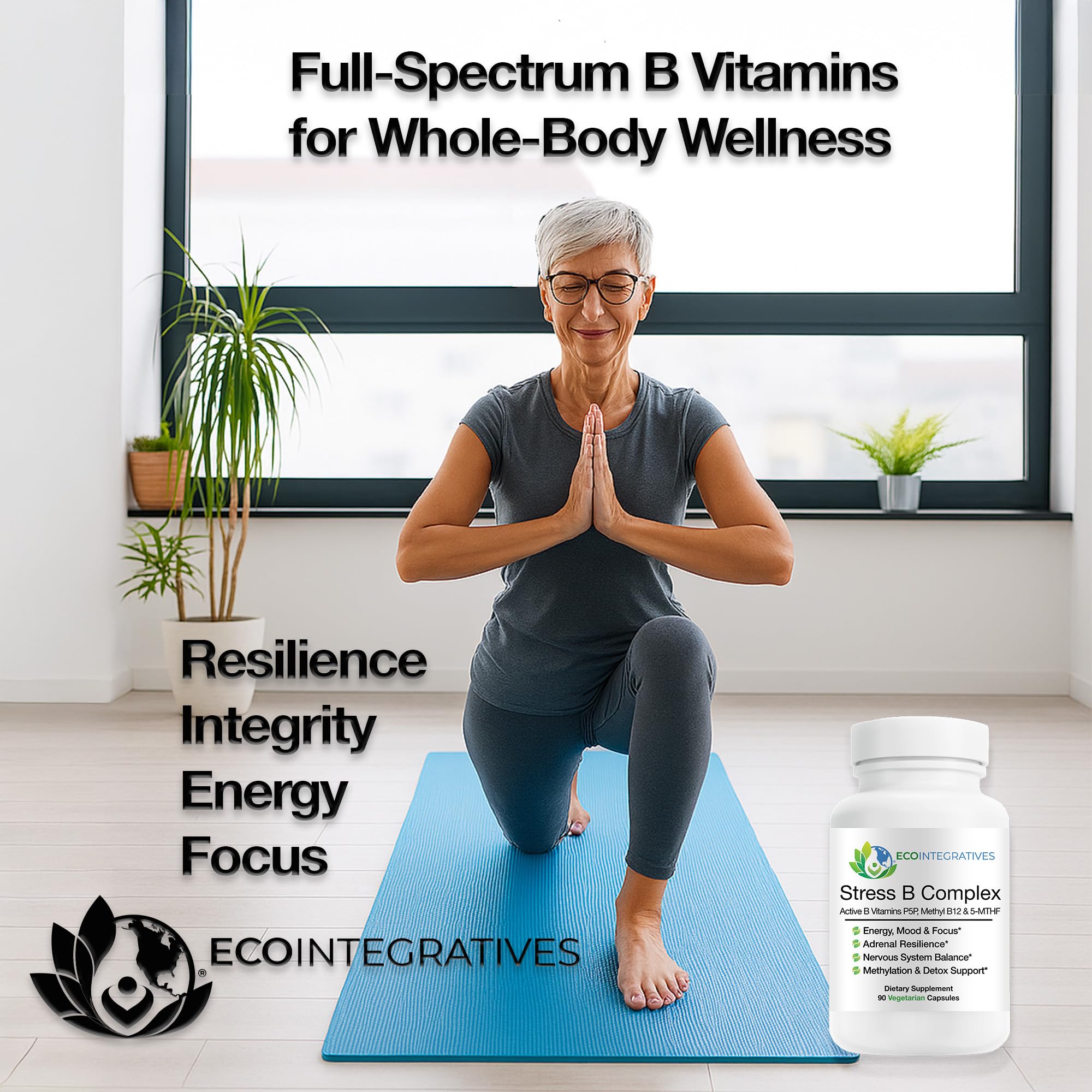 EcoIntegratives Stress B Complex bottle back label highlights active B vitamins and serving info