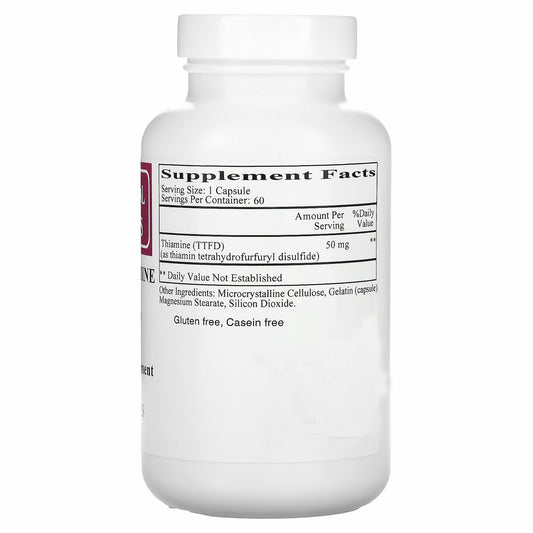 Ecological Formulas All Thiamine 50 mg bottle label close-up showing allergen-free formulation