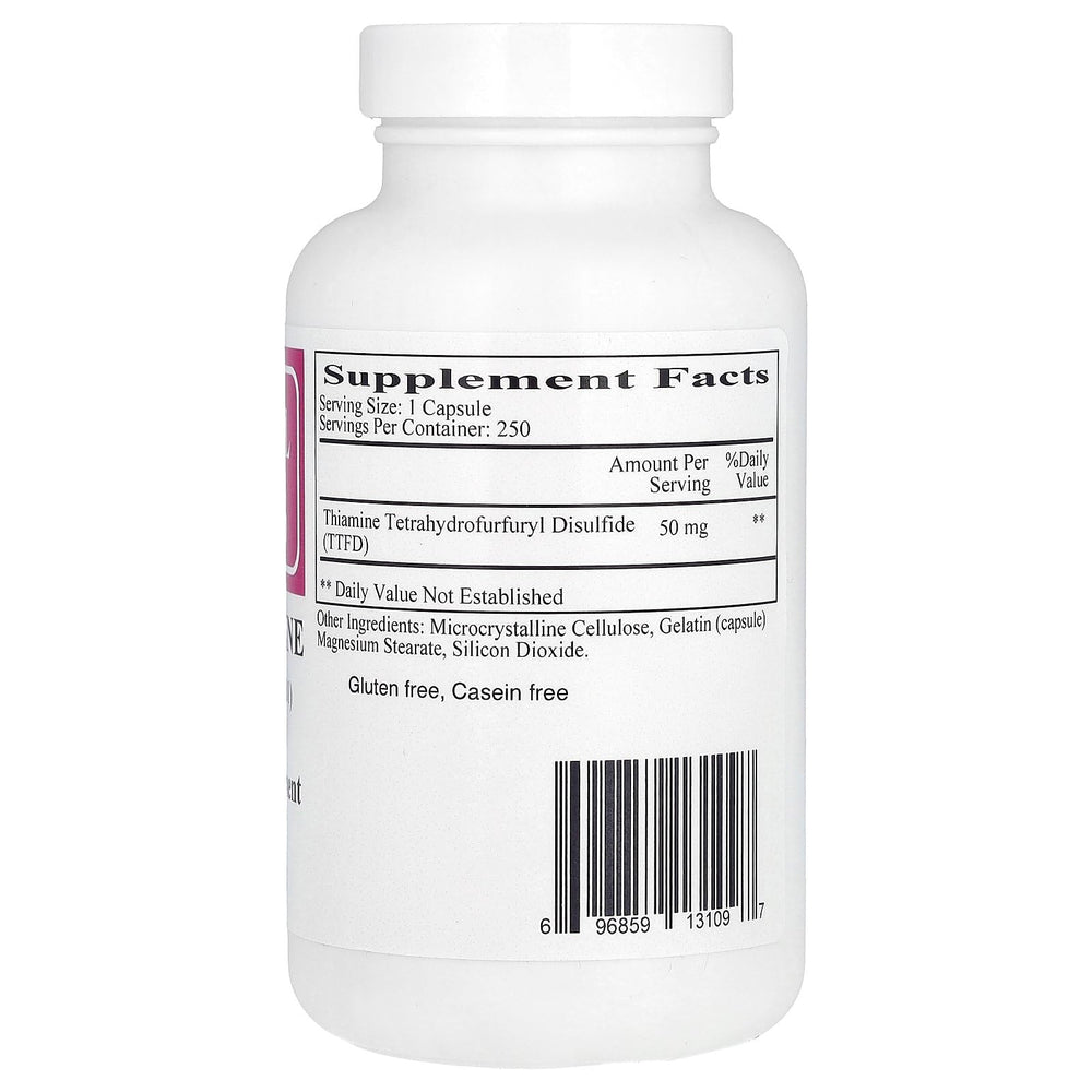 Ecological Formulas All Thiamine capsules close-up illustrating convenient daily capsules for consistent vitamin B1 intake.
