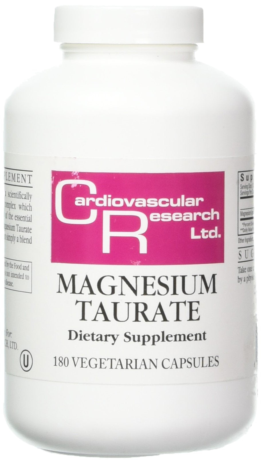 Ecological Formulas magnesium taurate bottle 125 mg, 180 capsules, daily supplement.