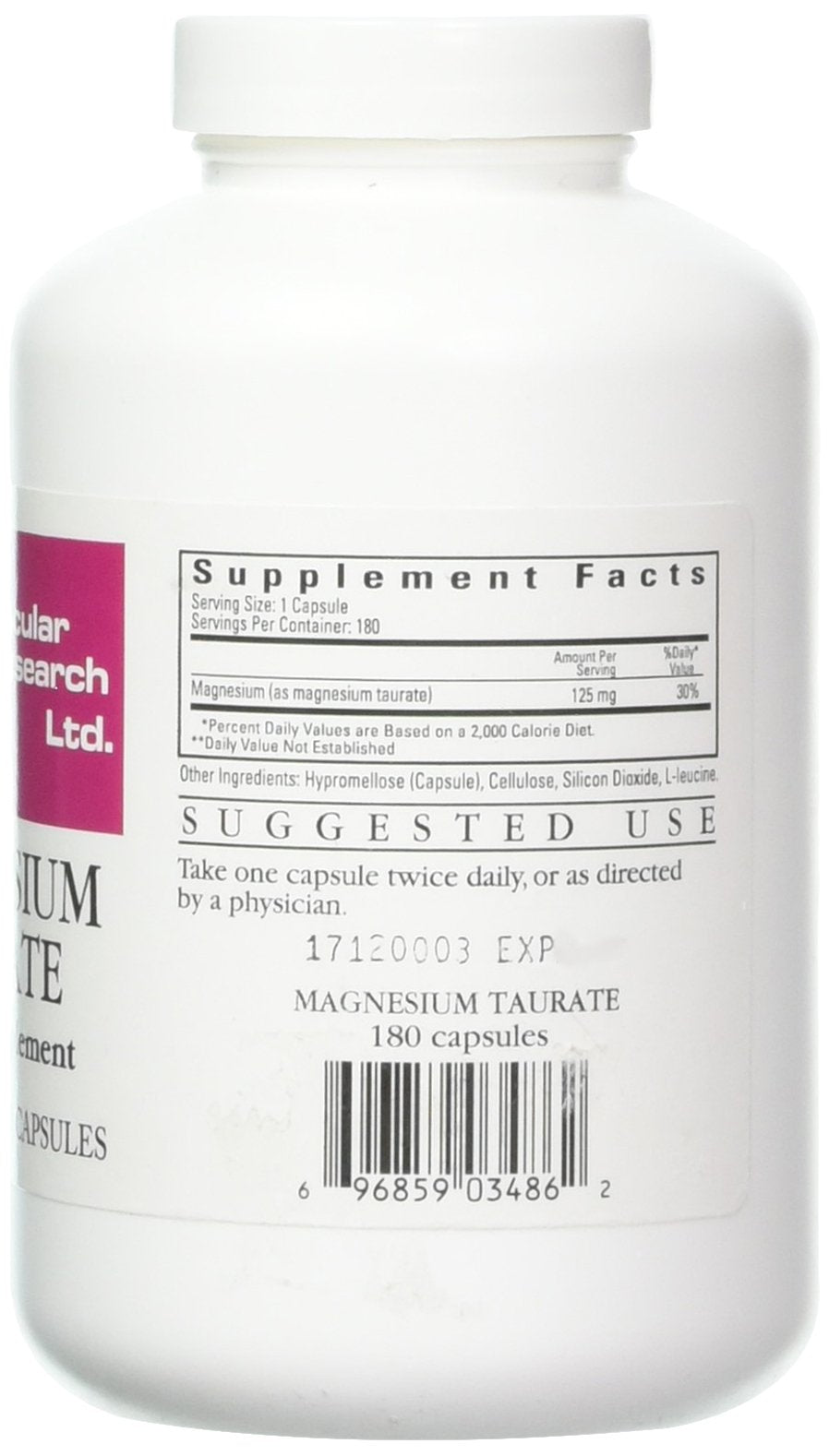Close-up of Ecological Formulas magnesium taurate capsules for easy daily use.