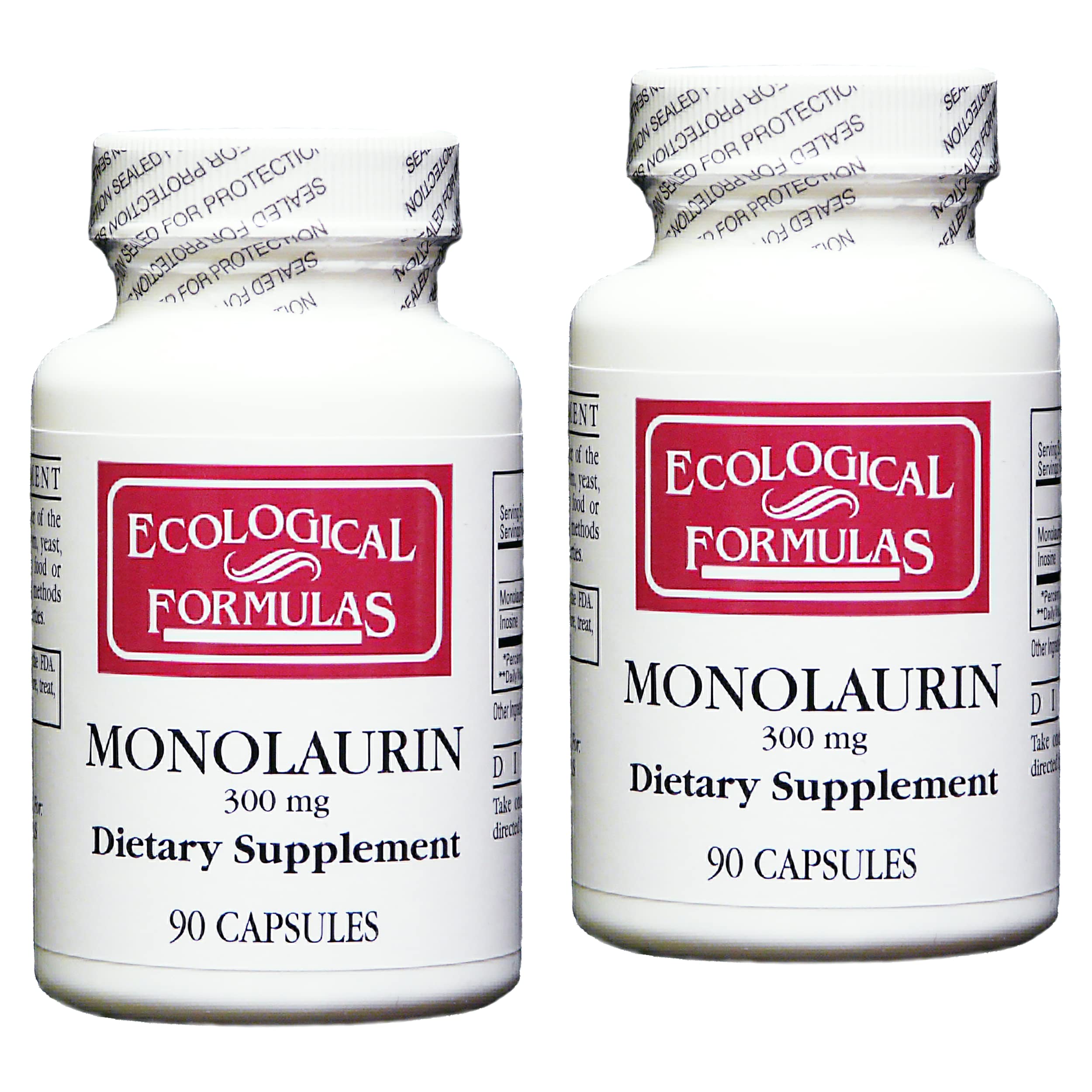 Ecological Formulas Monolaurin 300 mg bottle front view, highlighting the 180-cap saver pack for immune support