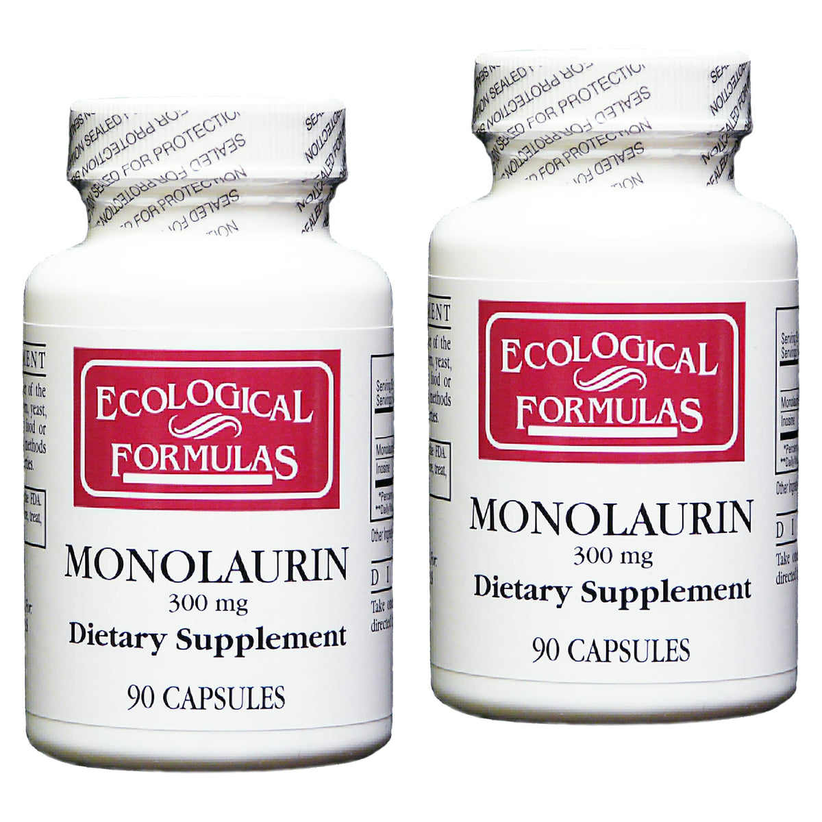 Ecological Formulas Monolaurin 300 mg bottle front view, highlighting the 180-cap saver pack for immune support
