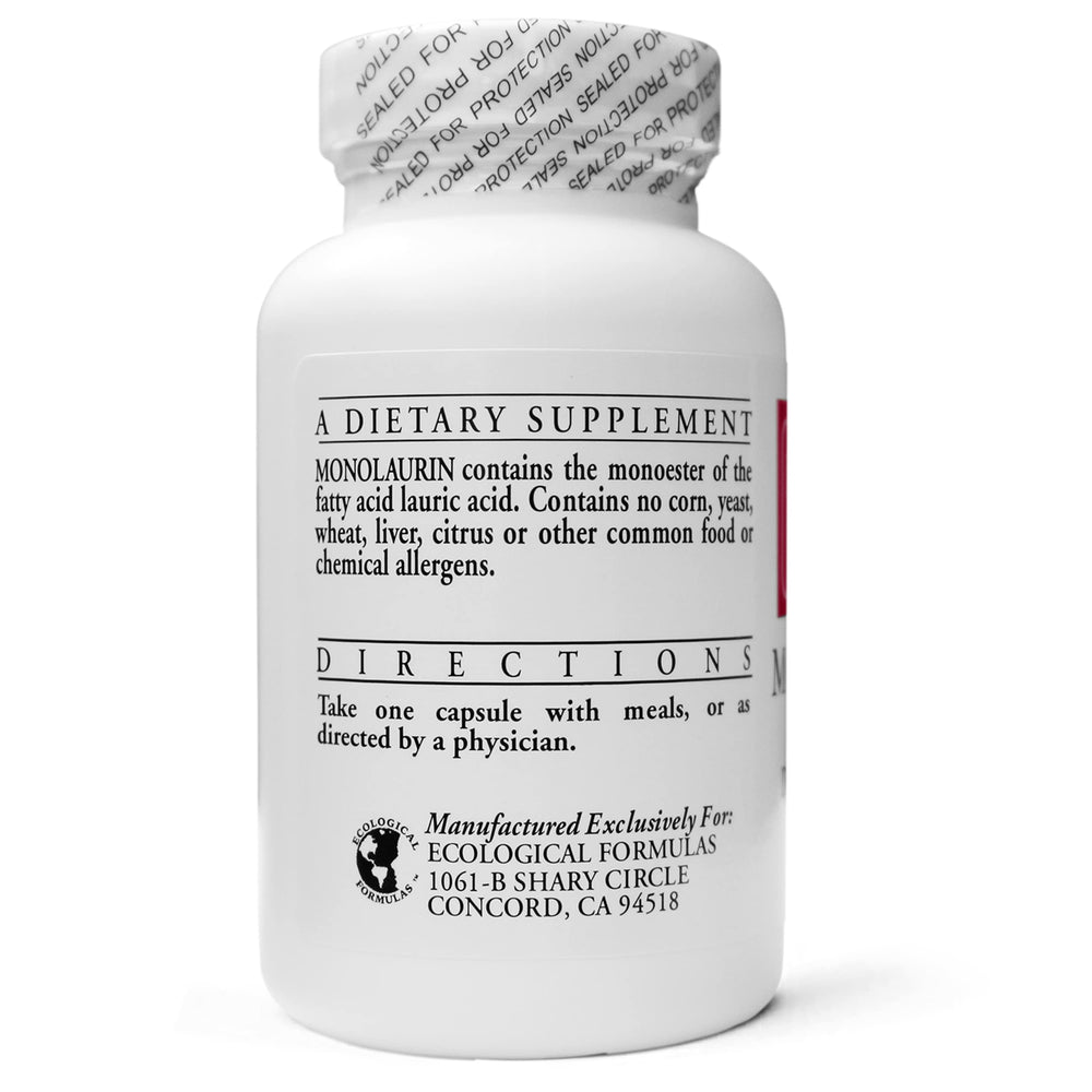 Monolaurin bottle label highlights potency and ingredients.
