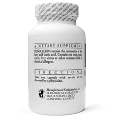 Monolaurin bottle label highlights potency and ingredients.