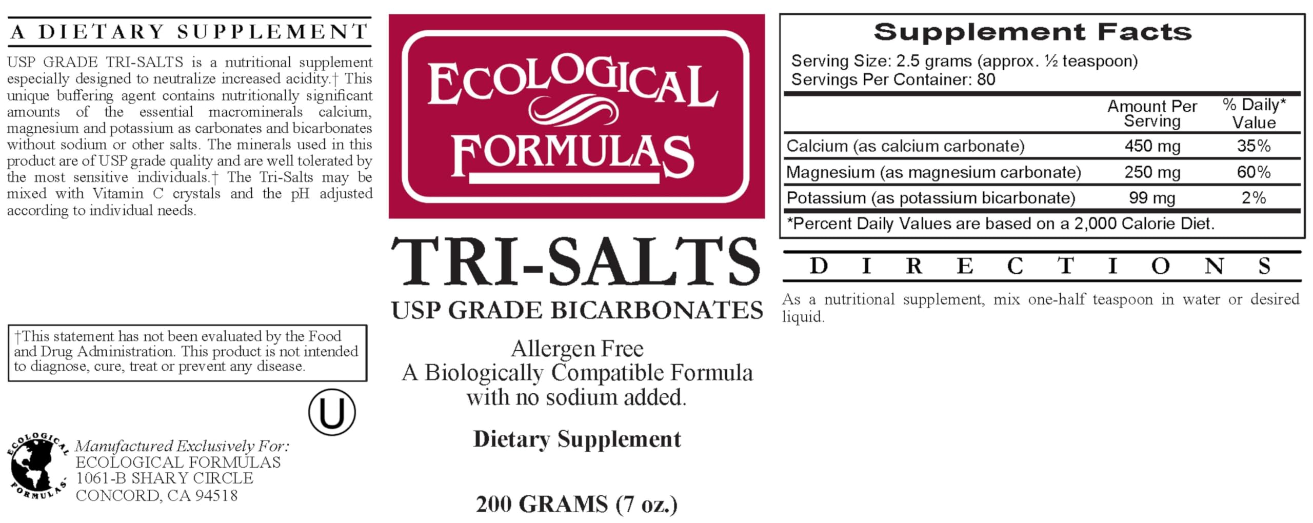 Ecological Formulas Tri-Salts bottle beside glass highlighting sodium-free minerals.