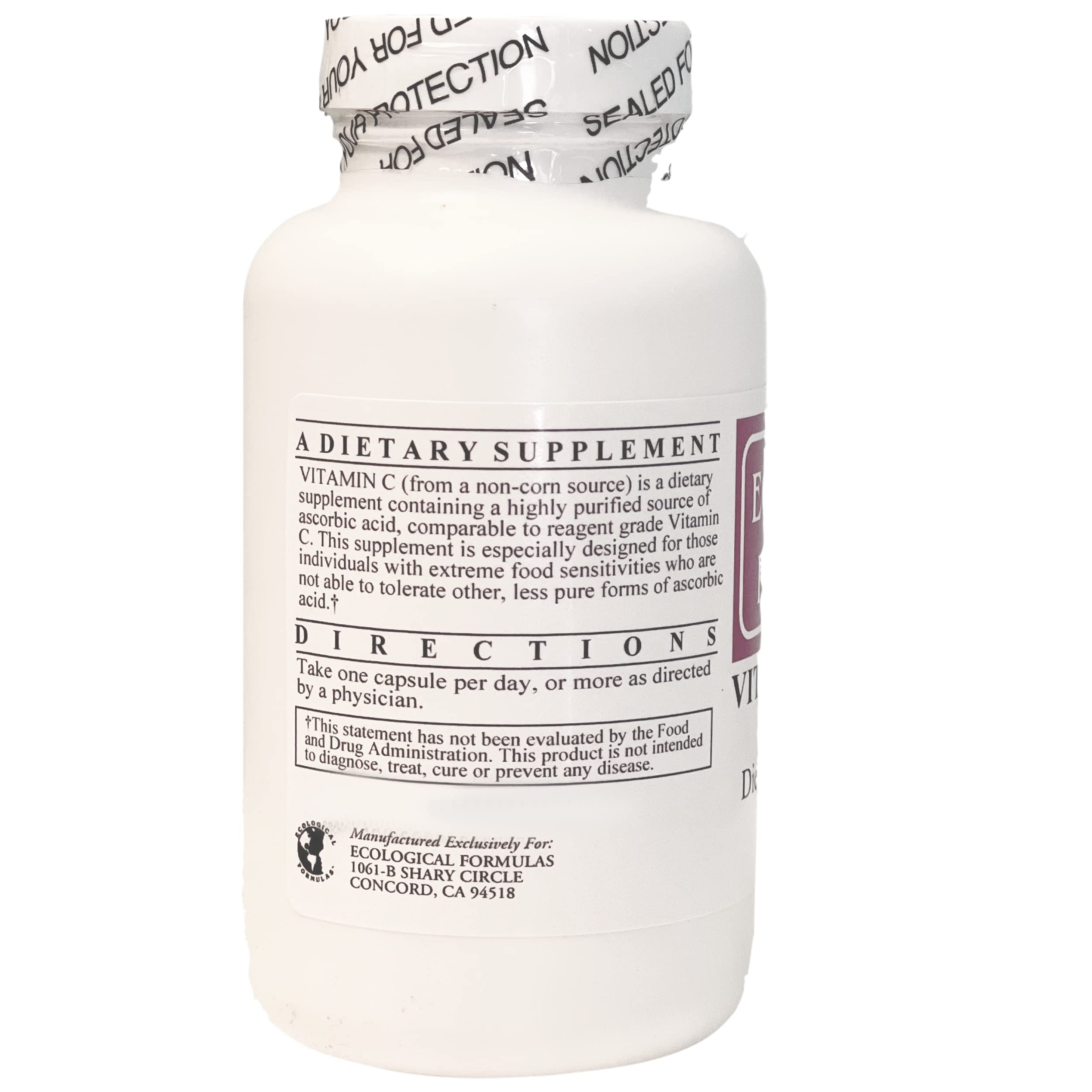 Ecological Formulas Vitamin C tapioca 2-pack bottle back—gluten-free and casein-free labeling.