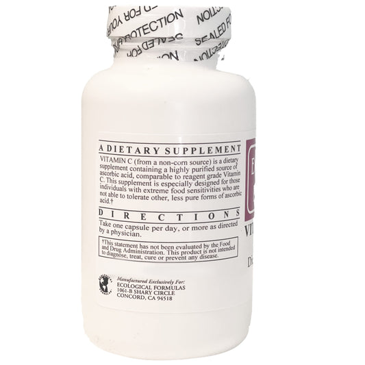 Ecological Formulas Vitamin C tapioca 2-pack bottle back—gluten-free and casein-free labeling.