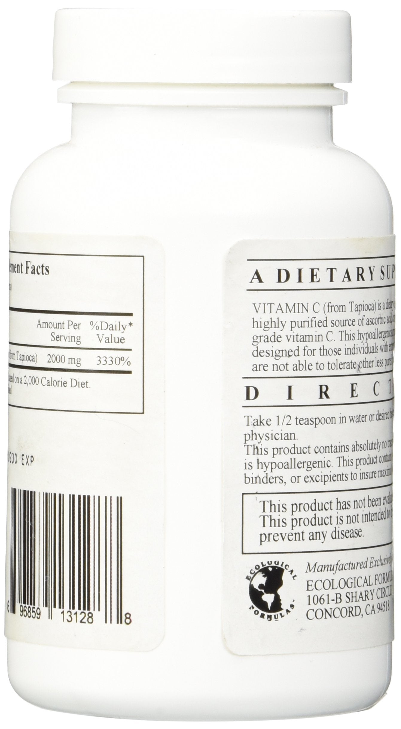 Ecological Formulas Vitamin C Tapioca powder with scoop, ideal for sensitive diets.