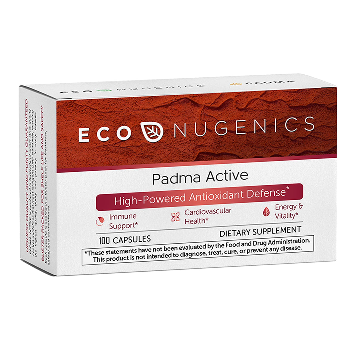 EcoNugenics Padma Active bottle front highlighting immune support and energy potential.