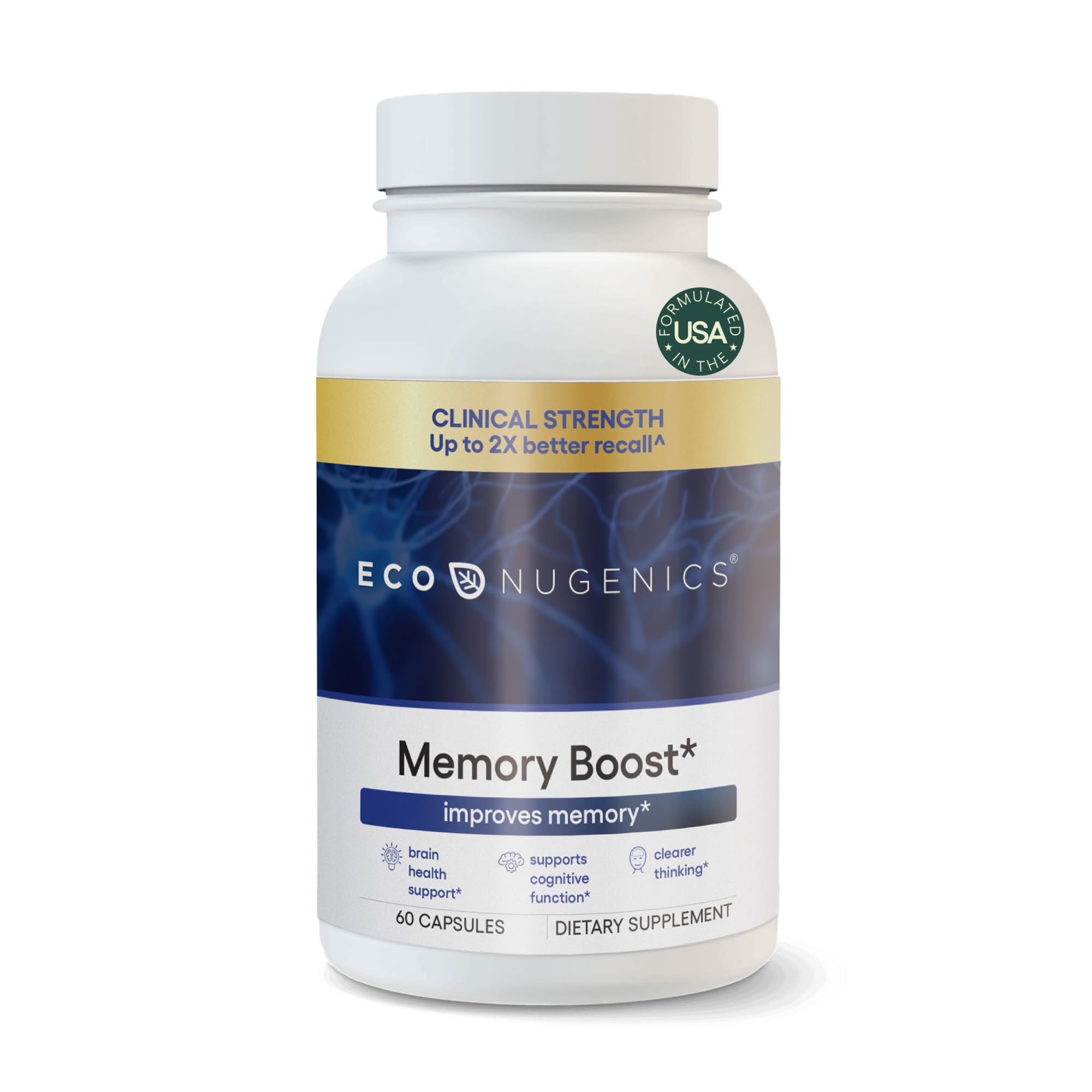 EcoNugenics Memory Boost bottle cap displaying brand logo for focused daily cognitive support
