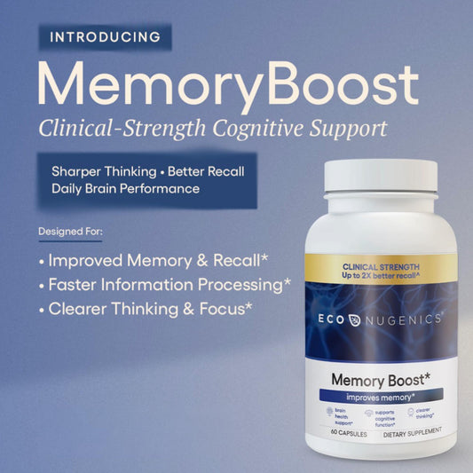 EcoNugenics Memory Boost capsules closeup for easy daily dosing and mental clarity