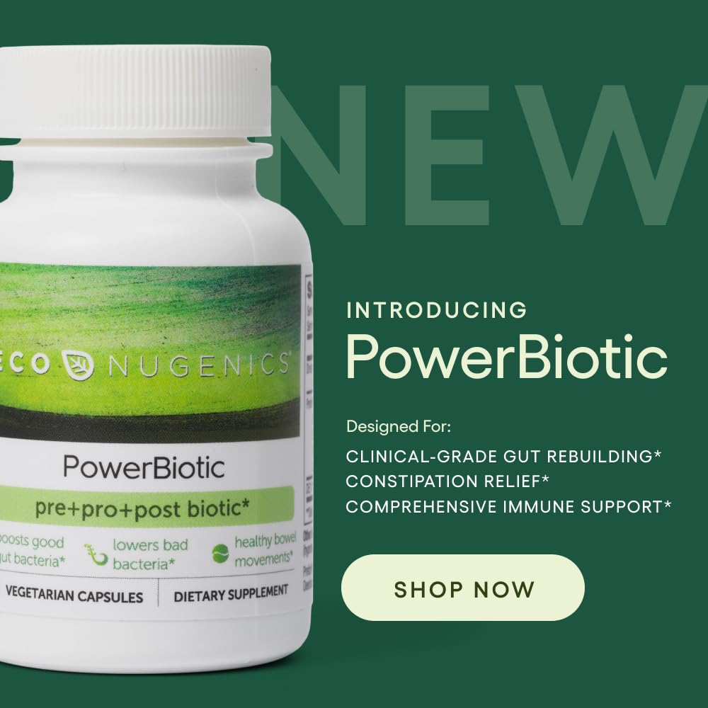 EcoNugenics PowerBiotic bottle front promoting gut balance.