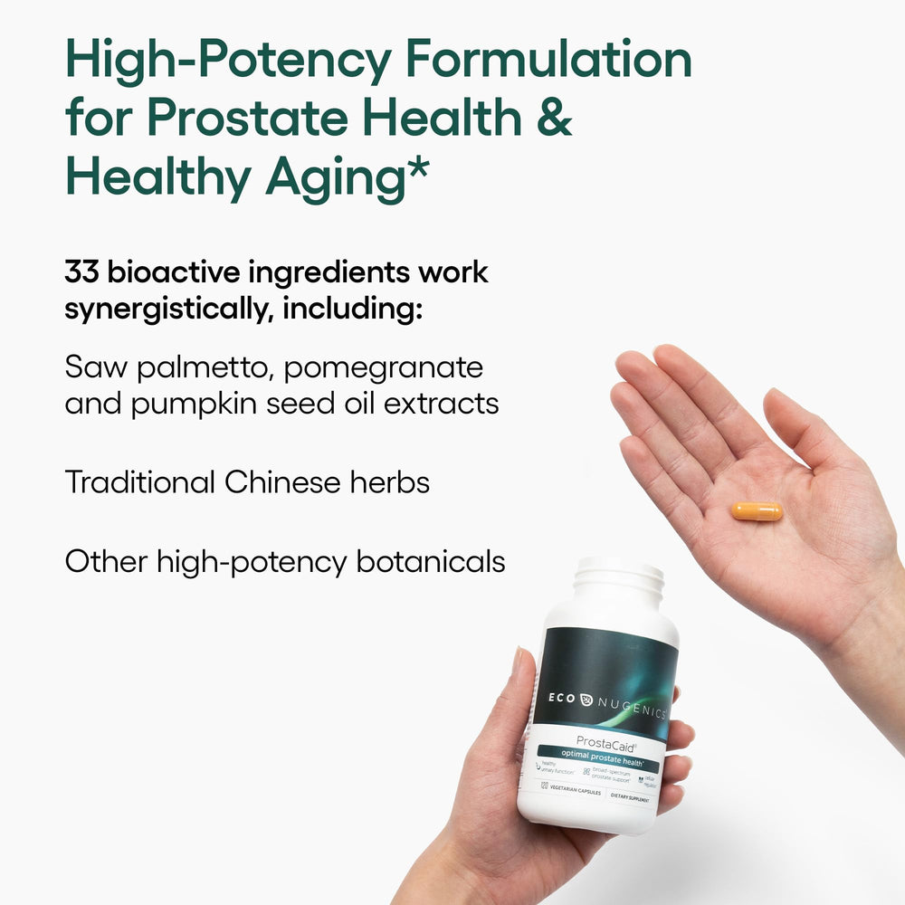 EcoNugenics ProstaCaid bottle pouring capsules for easy daily dosing