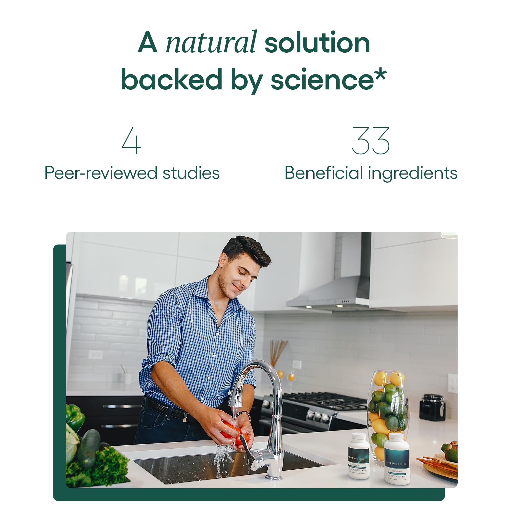 EcoNugenics ProstaCaid bottle label highlighting vegan and non-GMO ingredients