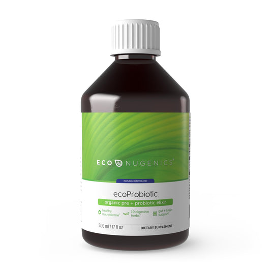 EcoNugenics ecoProbiotic bottle close-up showing a nutrient-rich liquid for gut balance.