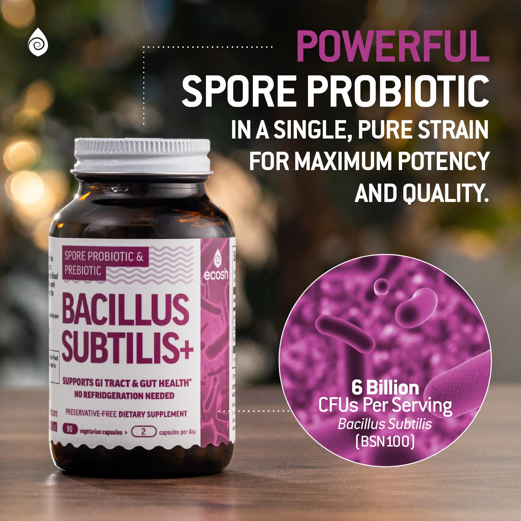 ecosh bacillus subtilis spores bottle front with label