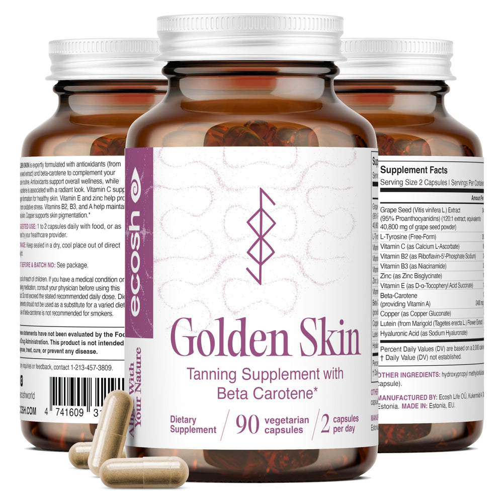 Ecosh Golden Skin bottle front for ongoing skin glow support.