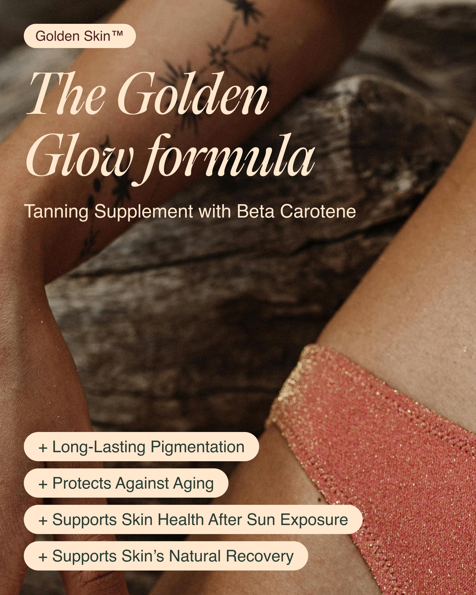 Ecosh Golden Skin capsules closeup highlighting convenient daily tanning capsules.