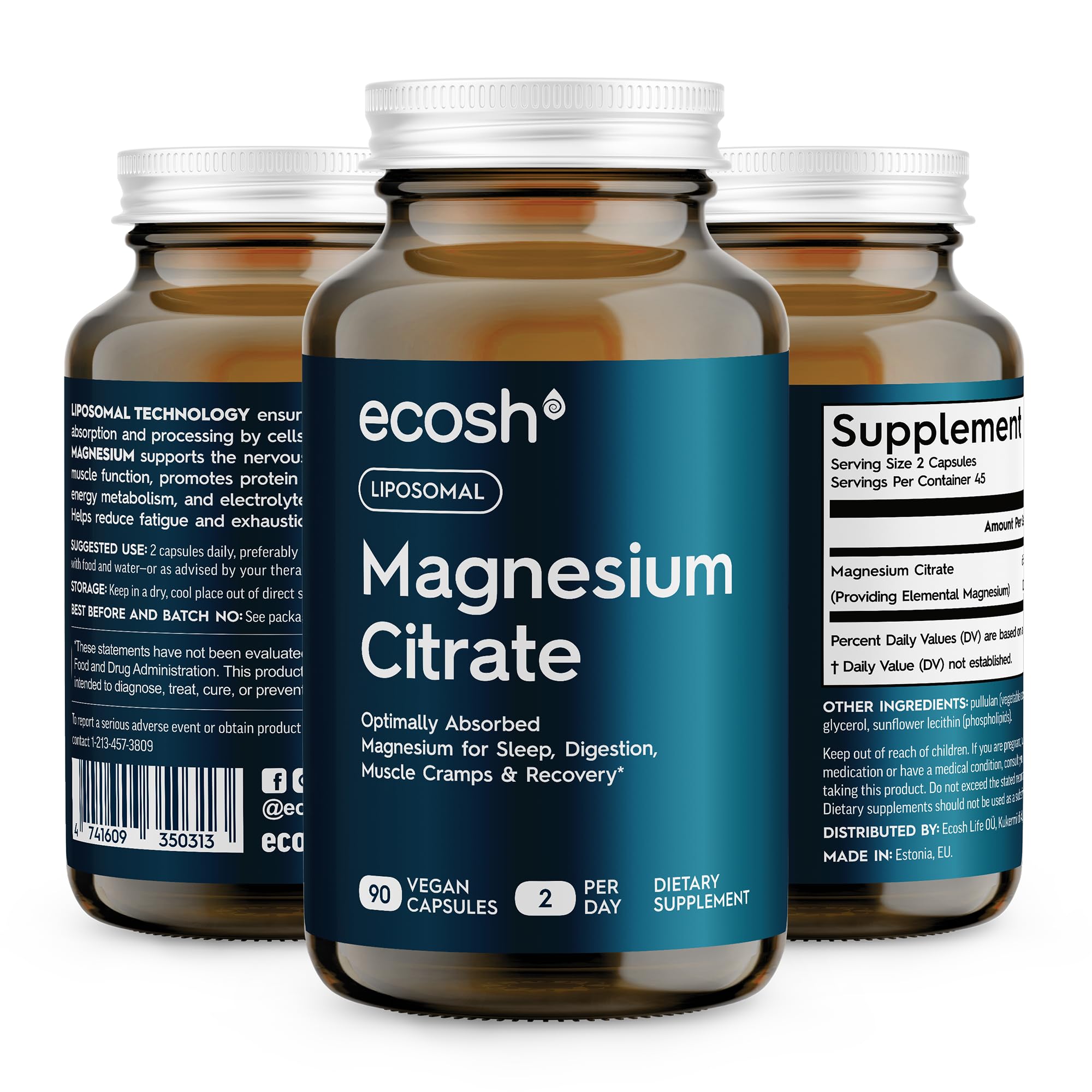 Ecosh Liposomal Magnesium Citrate bottle promotes high absorption for daily support.