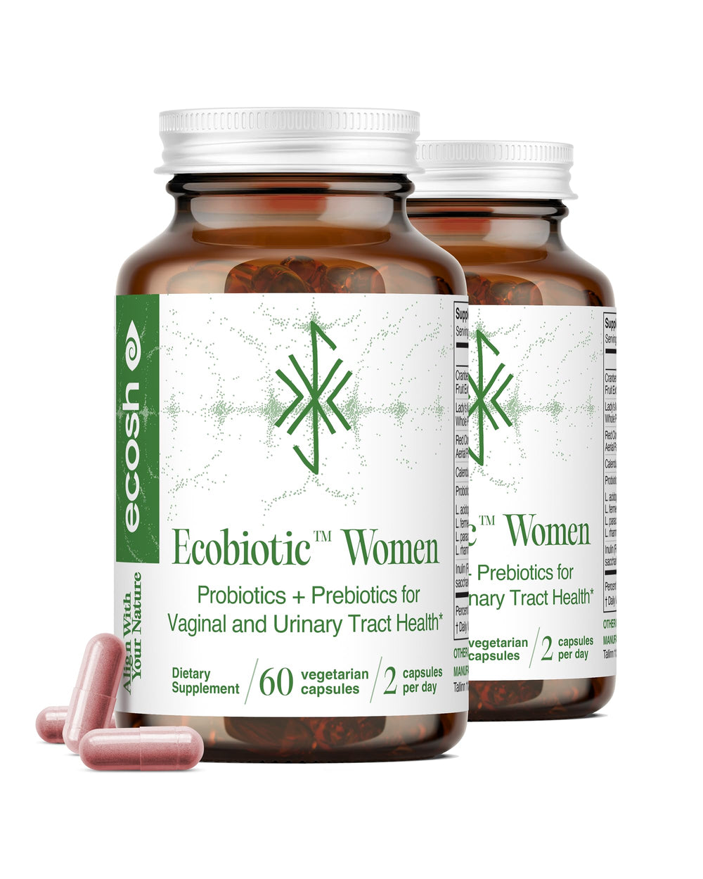 Ecosh Women's Probiotic bottle front view promoting vaginal health and gut balance.