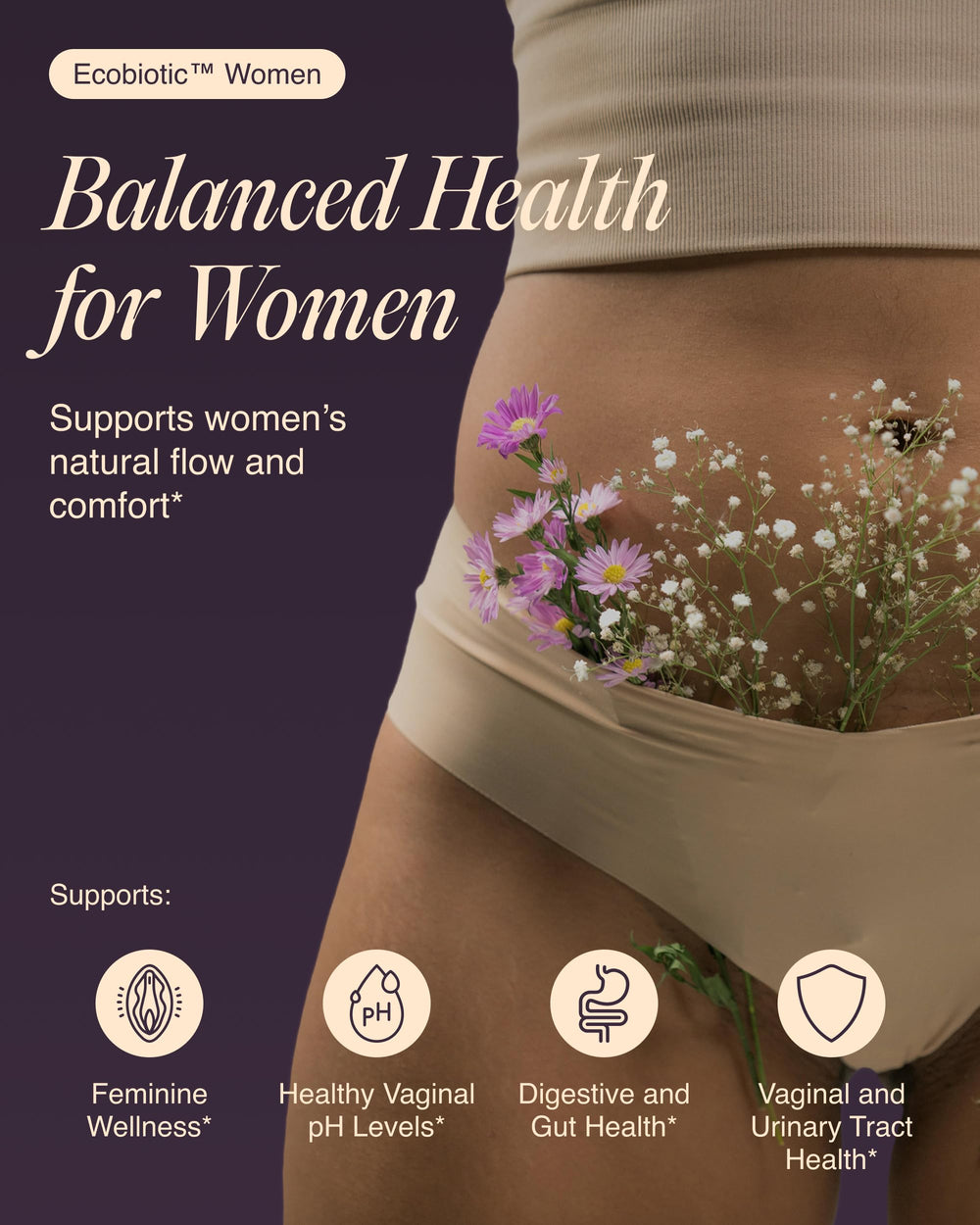 Ecosh Women's Probiotic bottle side view highlighting capsules for daily wellness.