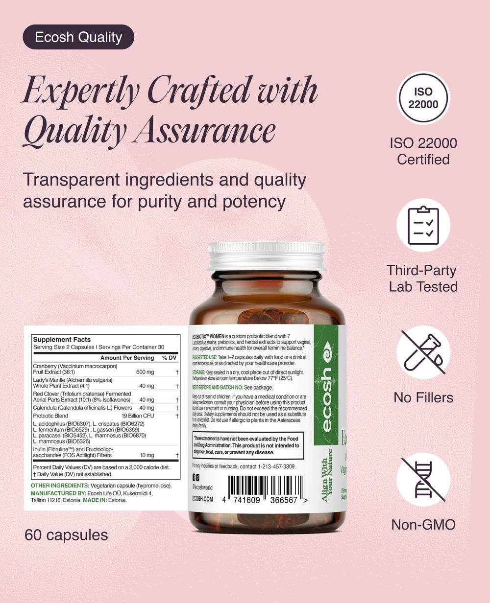 Ecosh herbal blend with Red Clover and Calendula shown for hormonal balance.