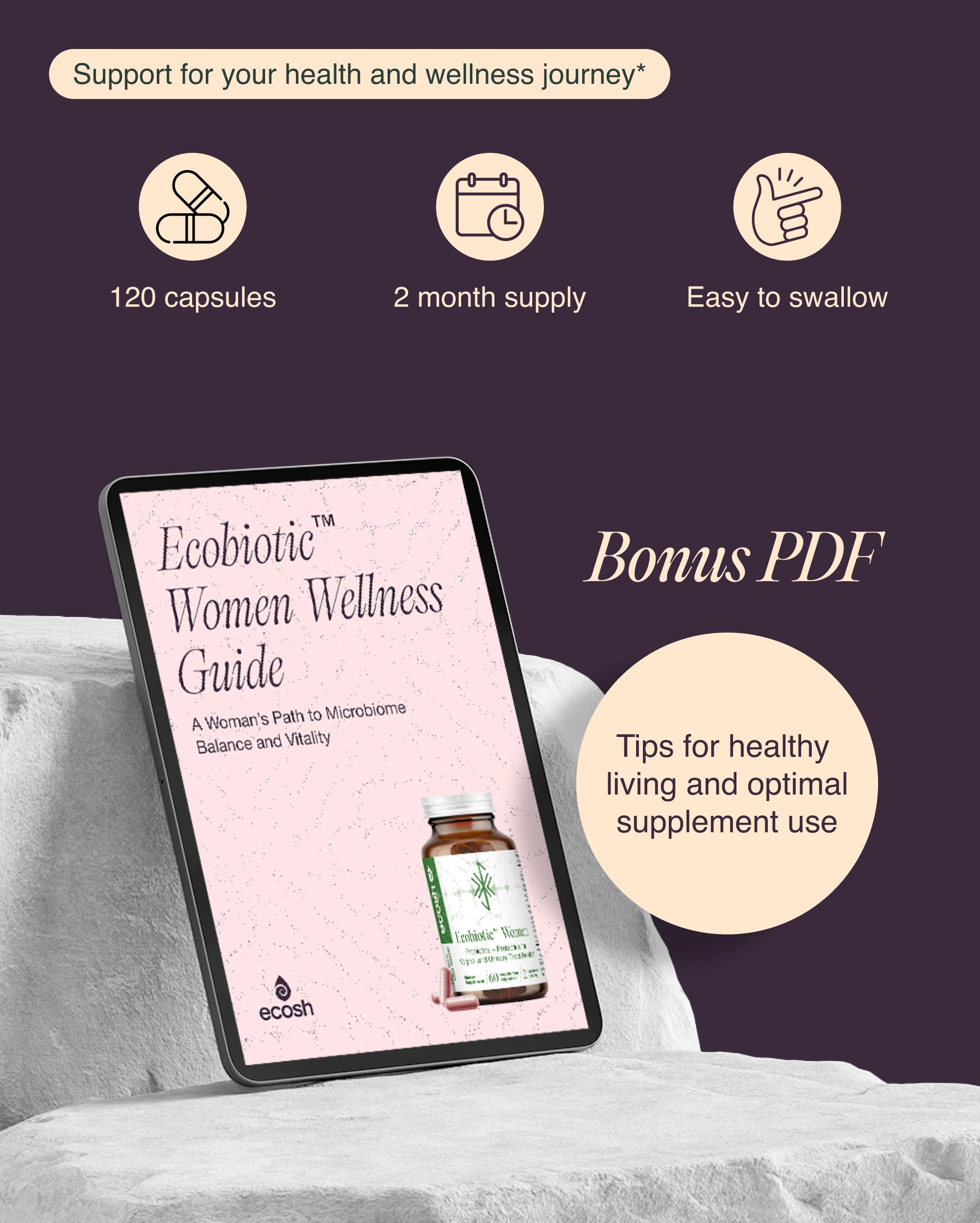 Ecosh packaging on shelf communicates clean, shelf-stable probiotic care.