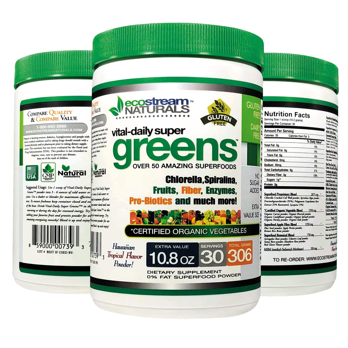 ecostream Naturals Vital First Daily Greens bottle pour for a quick greens boost.