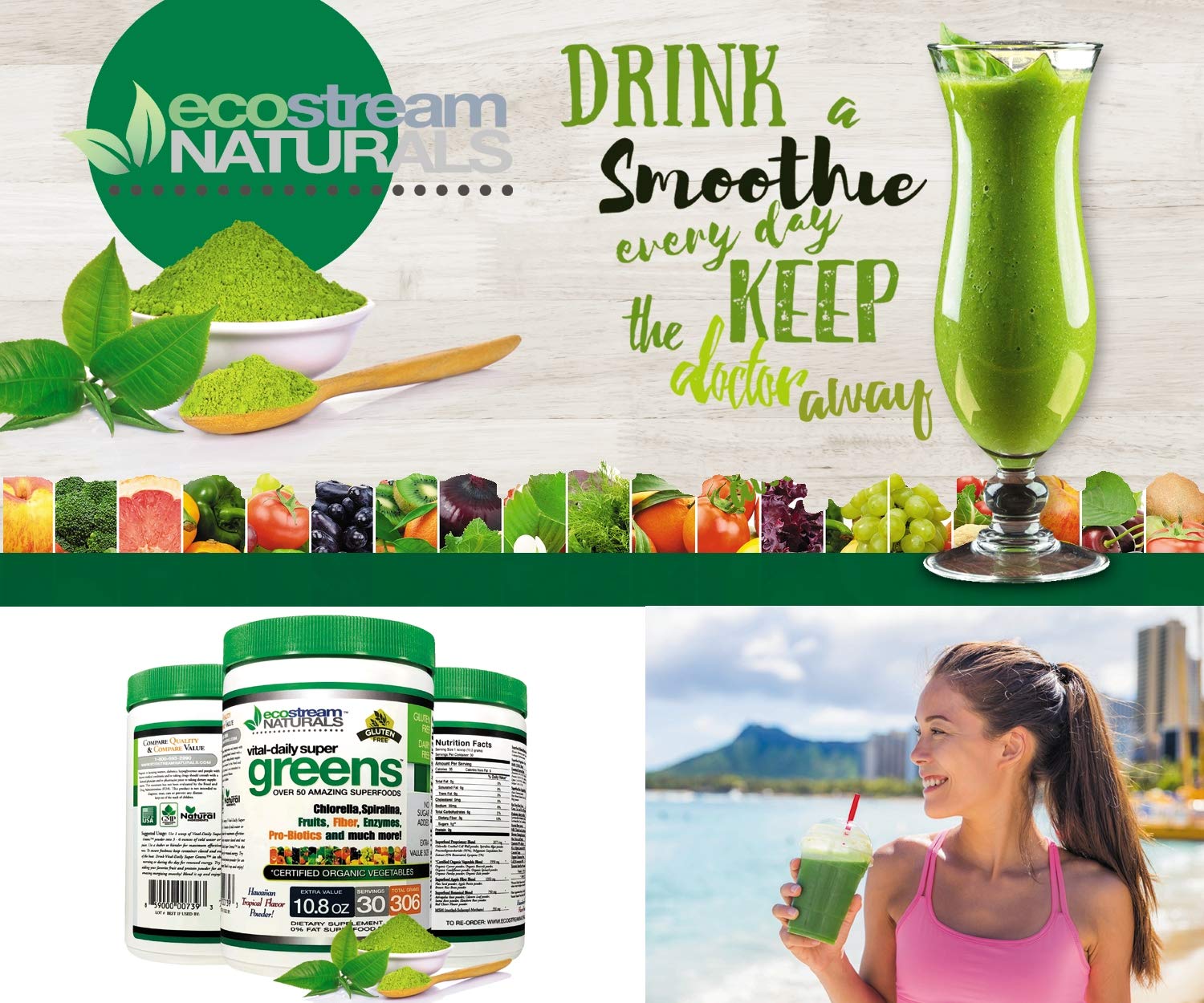 ecostream Naturals Vital First Daily Greens scoop showcases convenient daily serving.