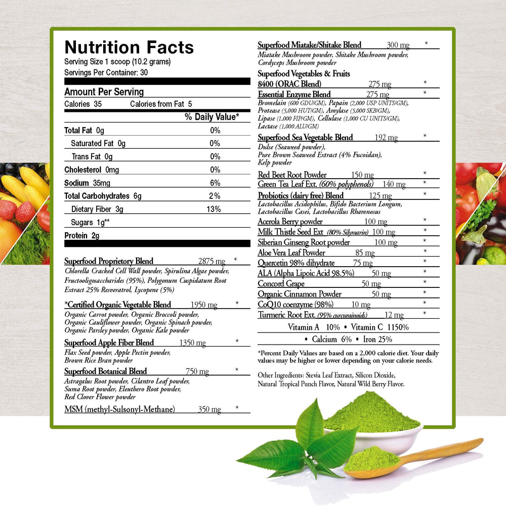 ecostream Naturals Vital First Daily Greens tub label highlights organic greens and 30 servings.