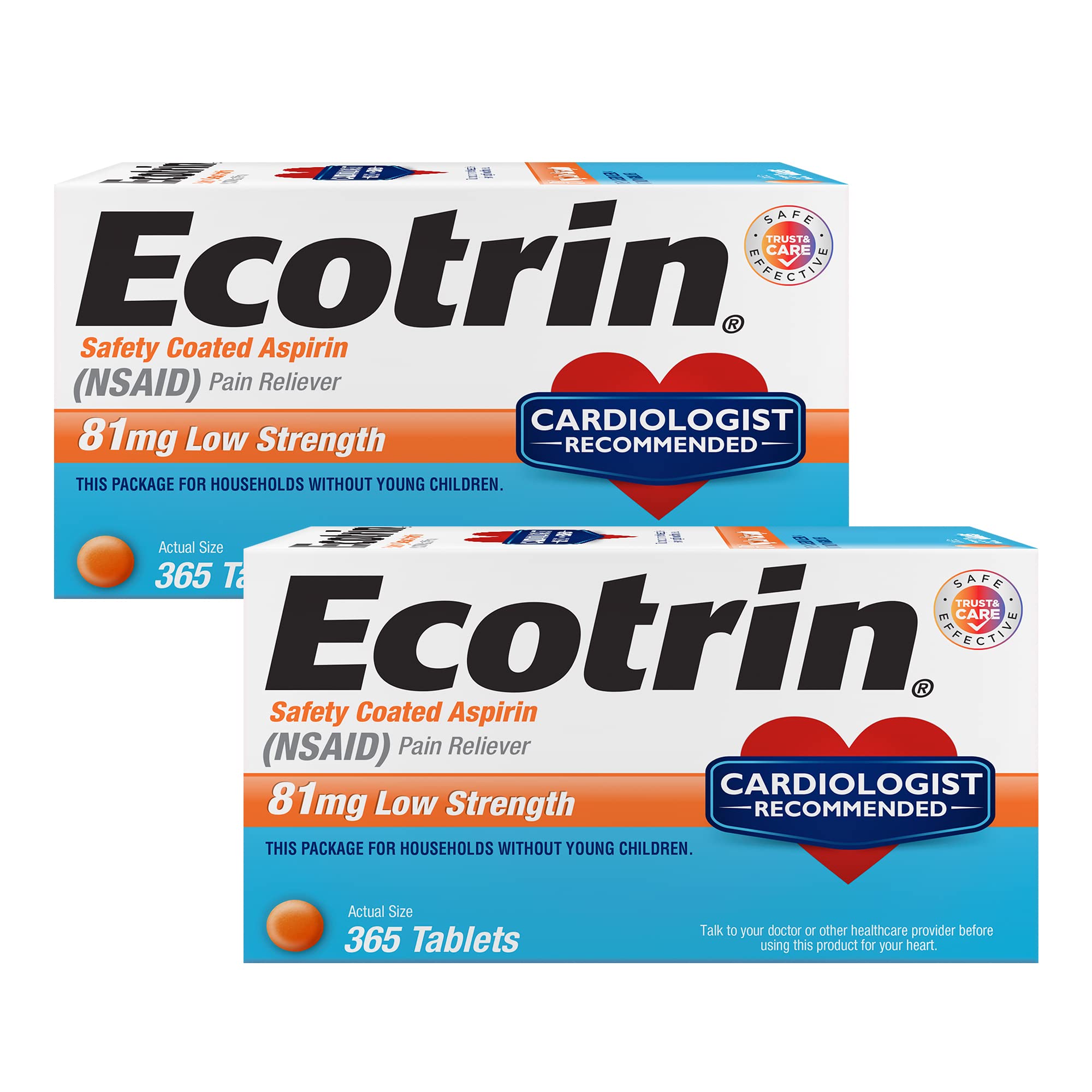 Ecotrin bottle front with enteric coating for safer stomach use.