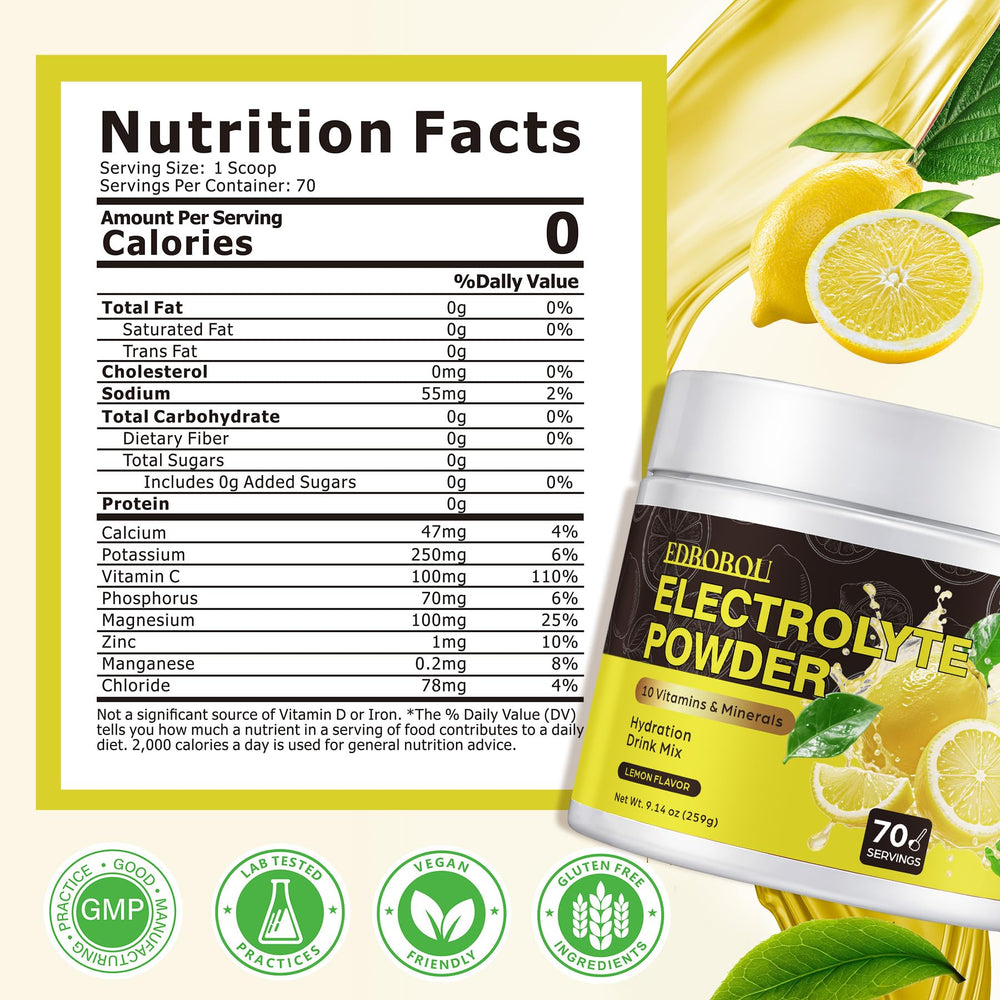 EDBOBOU Lemon Electrolyte powder ready to scoop into shaker bottle.