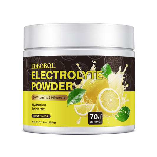 EDBOBOU Sugar Free Electrolyte Lemon powder in a jar for quick hydration.