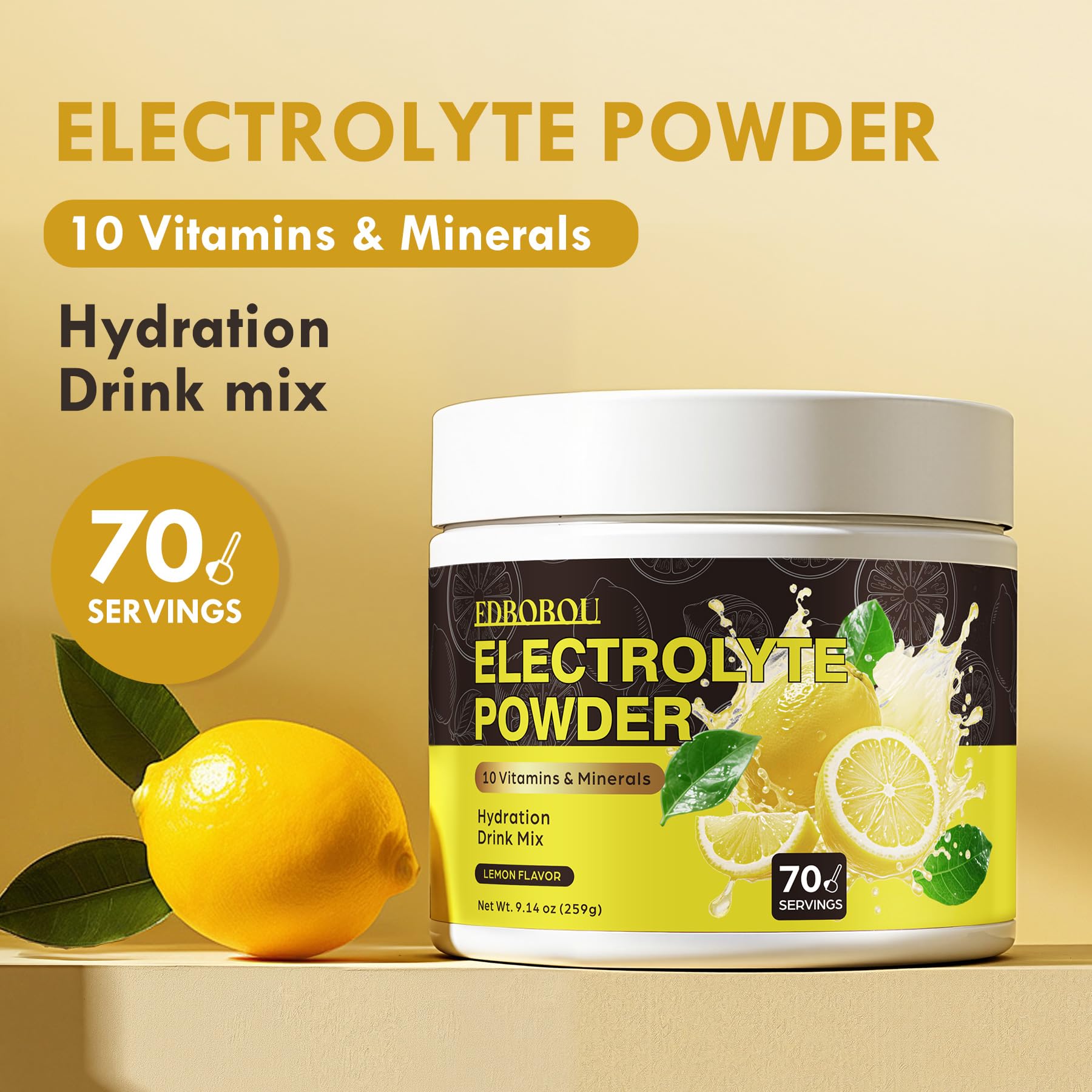 Shaker cup displaying EDBOBOU Sugar Free Electrolyte Lemon mix.