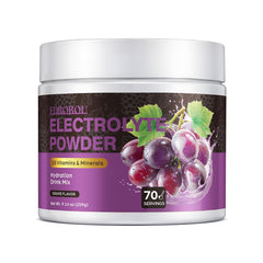 EDBOBOU grape electrolyte powder being poured for refreshing hydration after workouts.