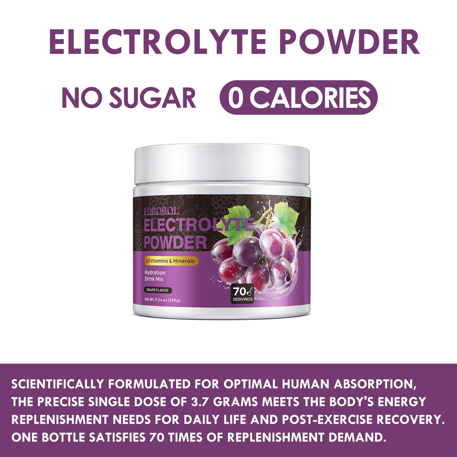 EDBOBOU sugar-free electrolyte powder with grape flavor ready to mix pre-exercise.