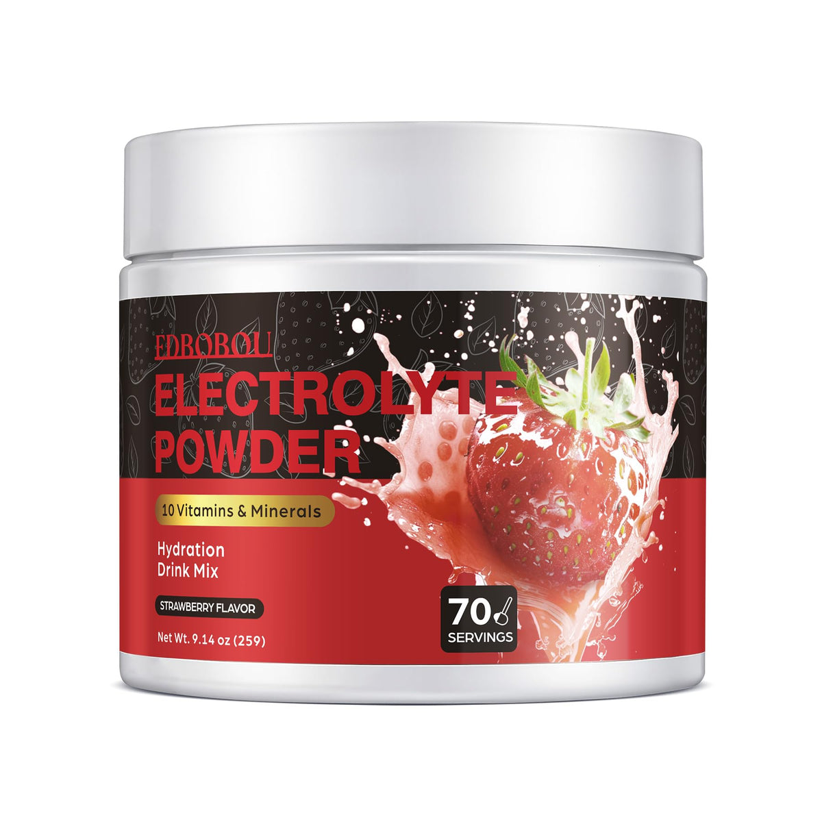 EDBOBOU strawberry electrolyte powder packaging highlights gluten-free formula.