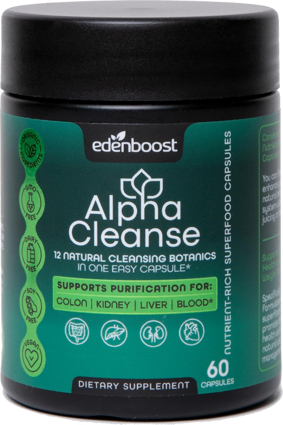 EdenBoost AlphaCleanse bottle and capsules on white background for daily detox support.